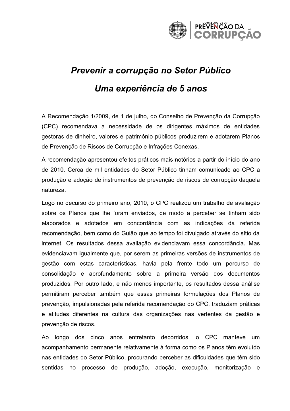 Prevenir a Corrupção No Setor Público Uma Experiência De 5 Anos