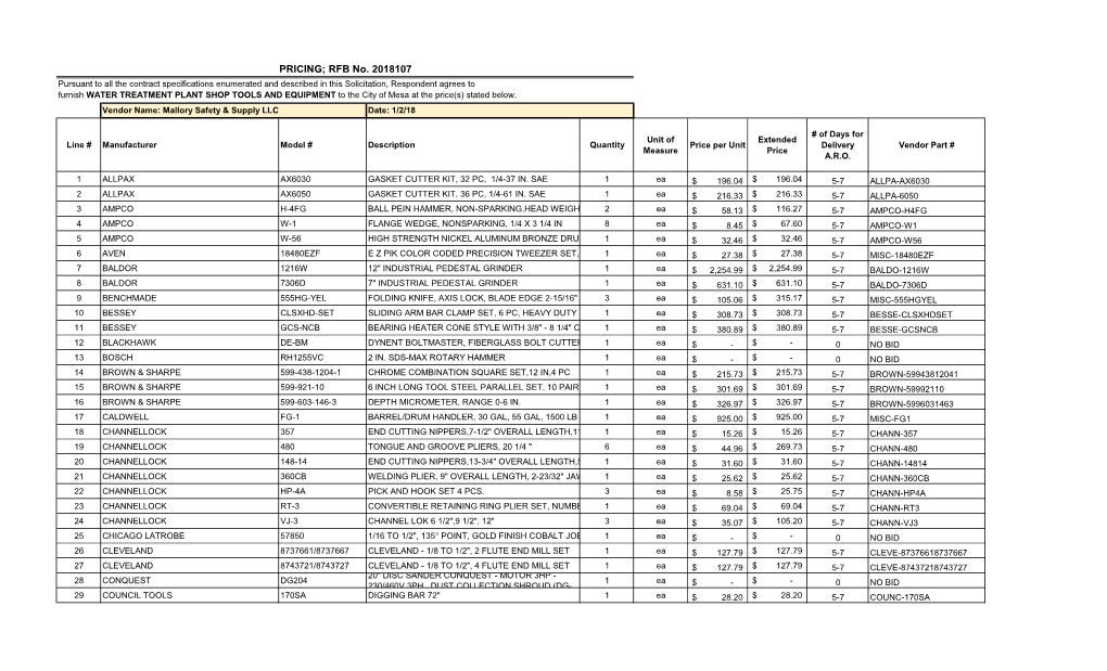 PRICING; RFB No. 2018107