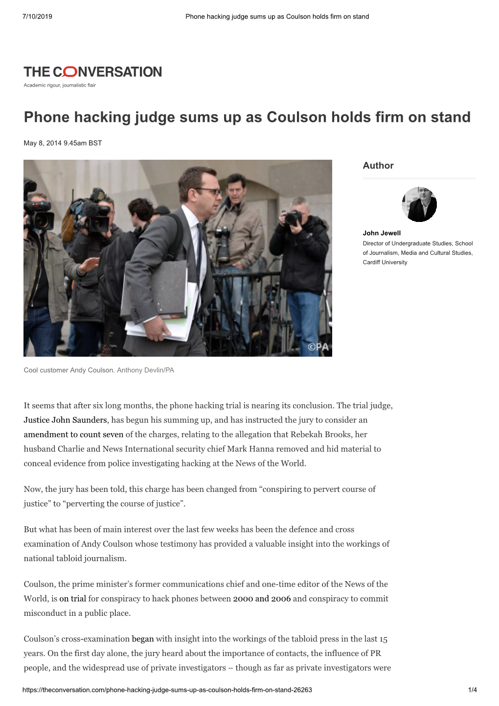 Phone Hacking Judge Sums up As Coulson Holds Firm on Stand