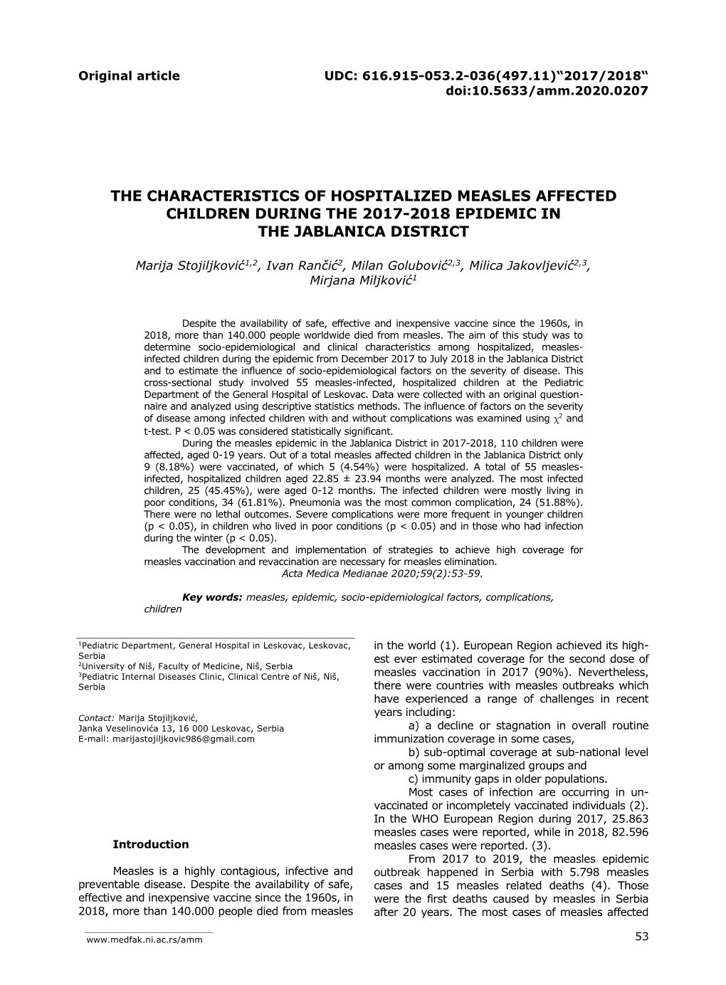 Original Article UDC: 616.915-053.2-036(497.11)“2017/2018“ Doi:10.5633/Amm.2020.0207