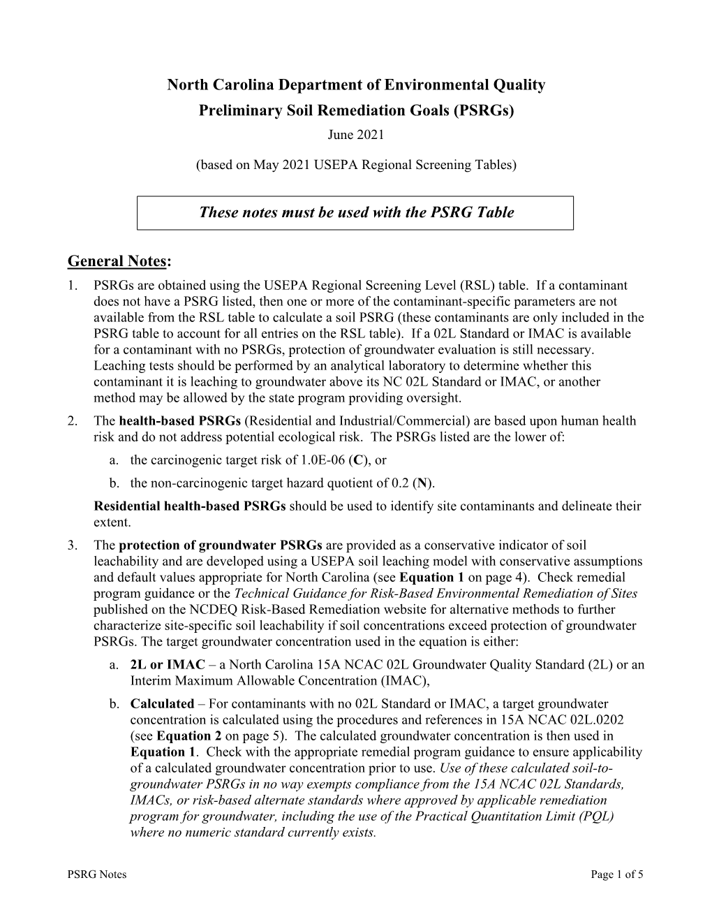 Preliminary Soil Remediation Goals (PSRG) Table