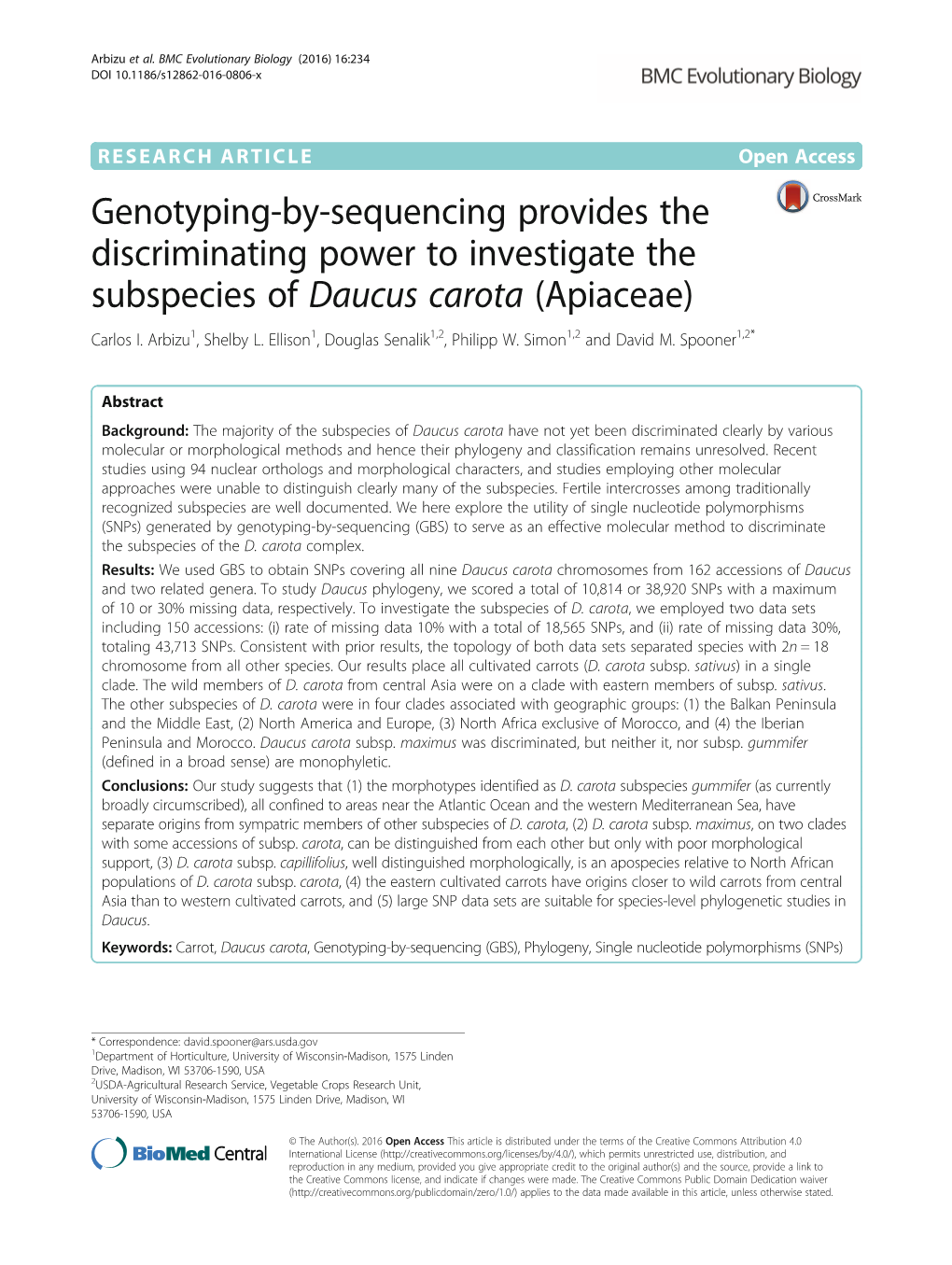 Genotyping-By-Sequencing Provides the Discriminating Power to Investigate the Subspecies of Daucus Carota (Apiaceae) Carlos I