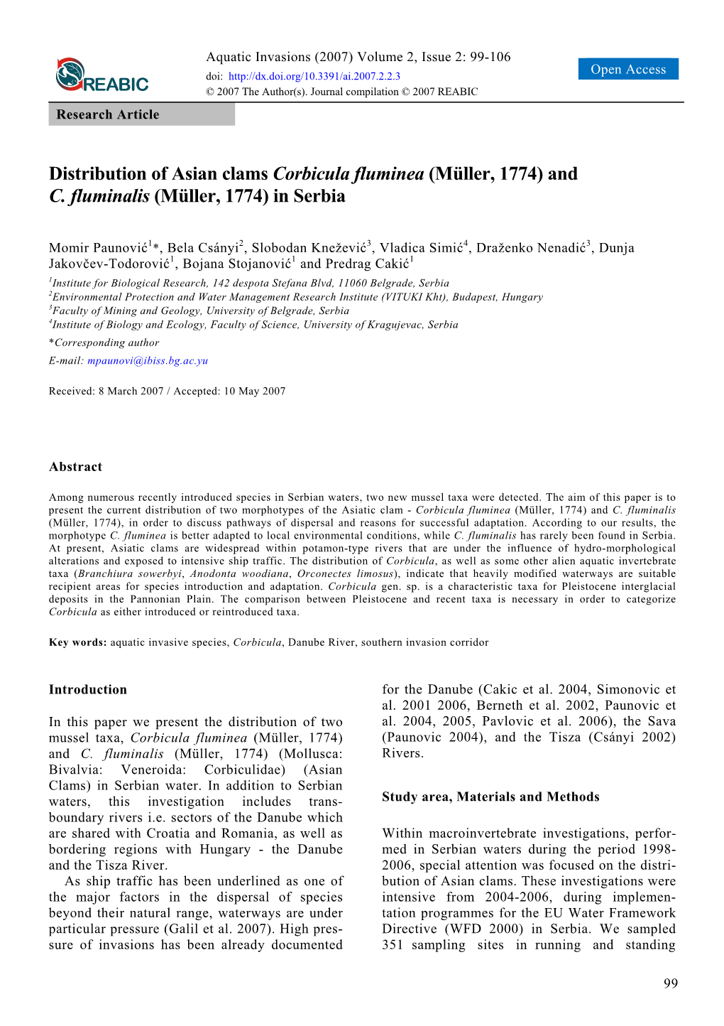 Distribution of Asian Clams Corbicula Fluminea (Müller, 1774) and C