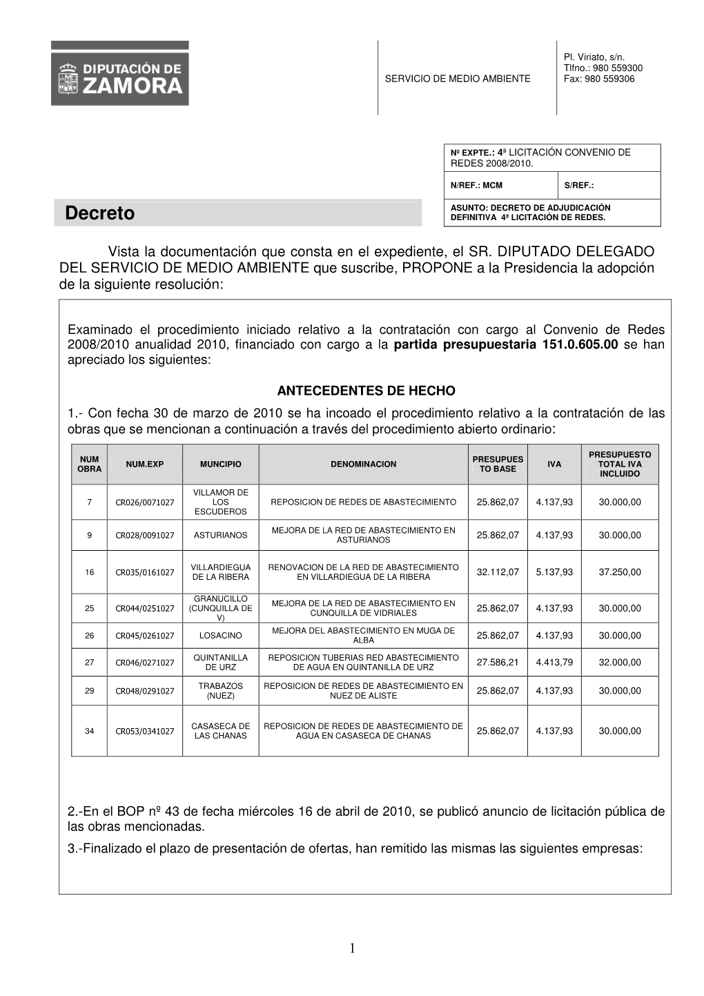 DECRETO DE ADJUDICACIÓN Decreto DEFINITIVA 4ª LICITACIÓN DE REDES