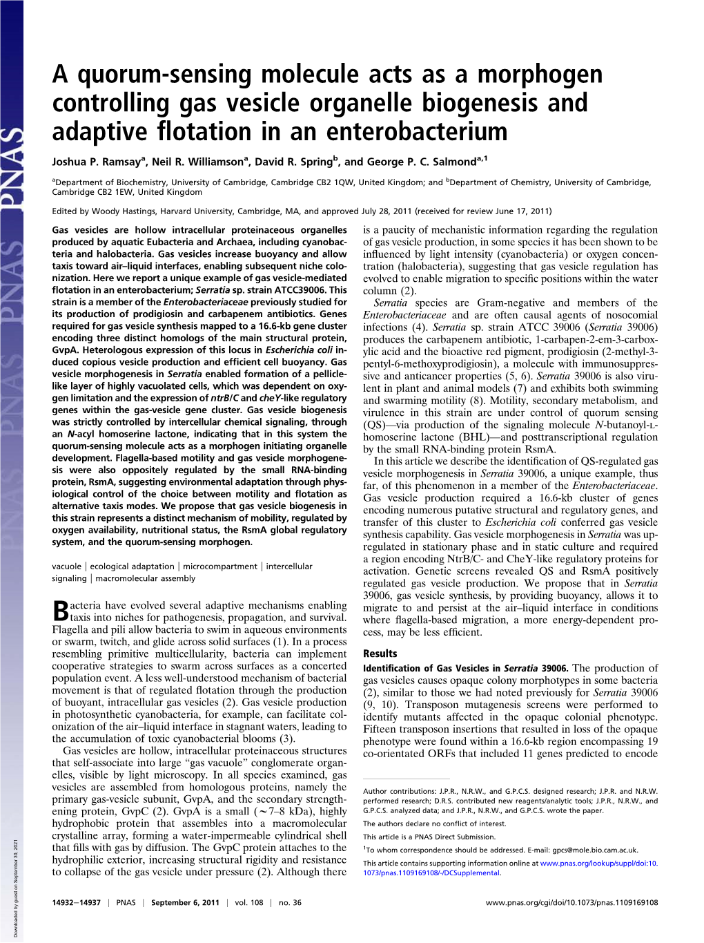 A Quorum-Sensing Molecule Acts As a Morphogen Controlling Gas Vesicle Organelle Biogenesis and Adaptive Flotation in an Enteroba