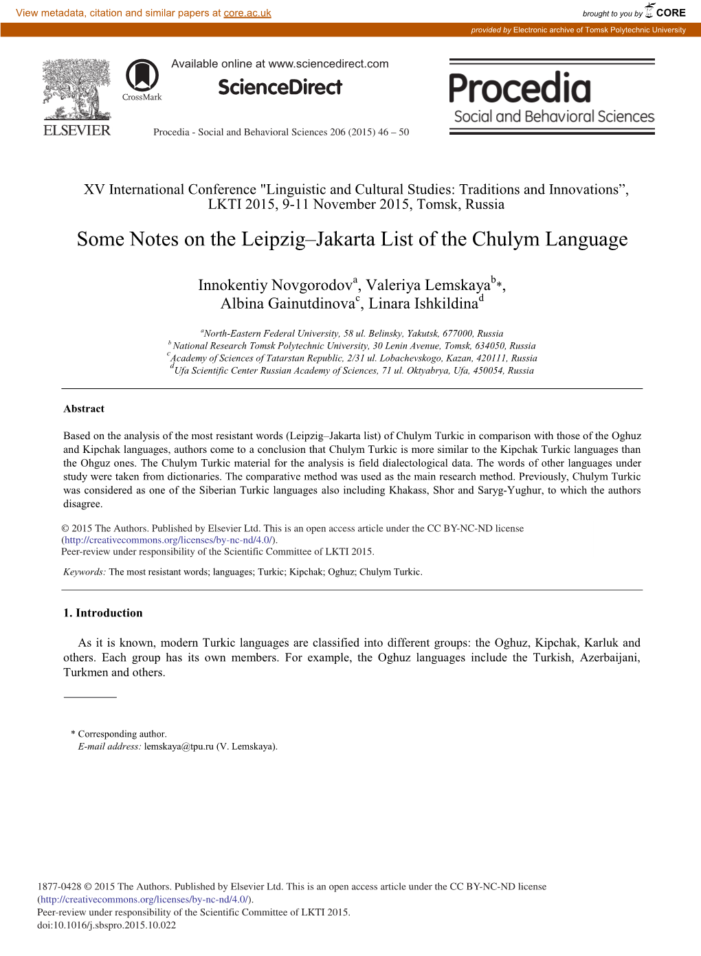 Some Notes on the Leipzig–Jakarta List of the Chulym Language