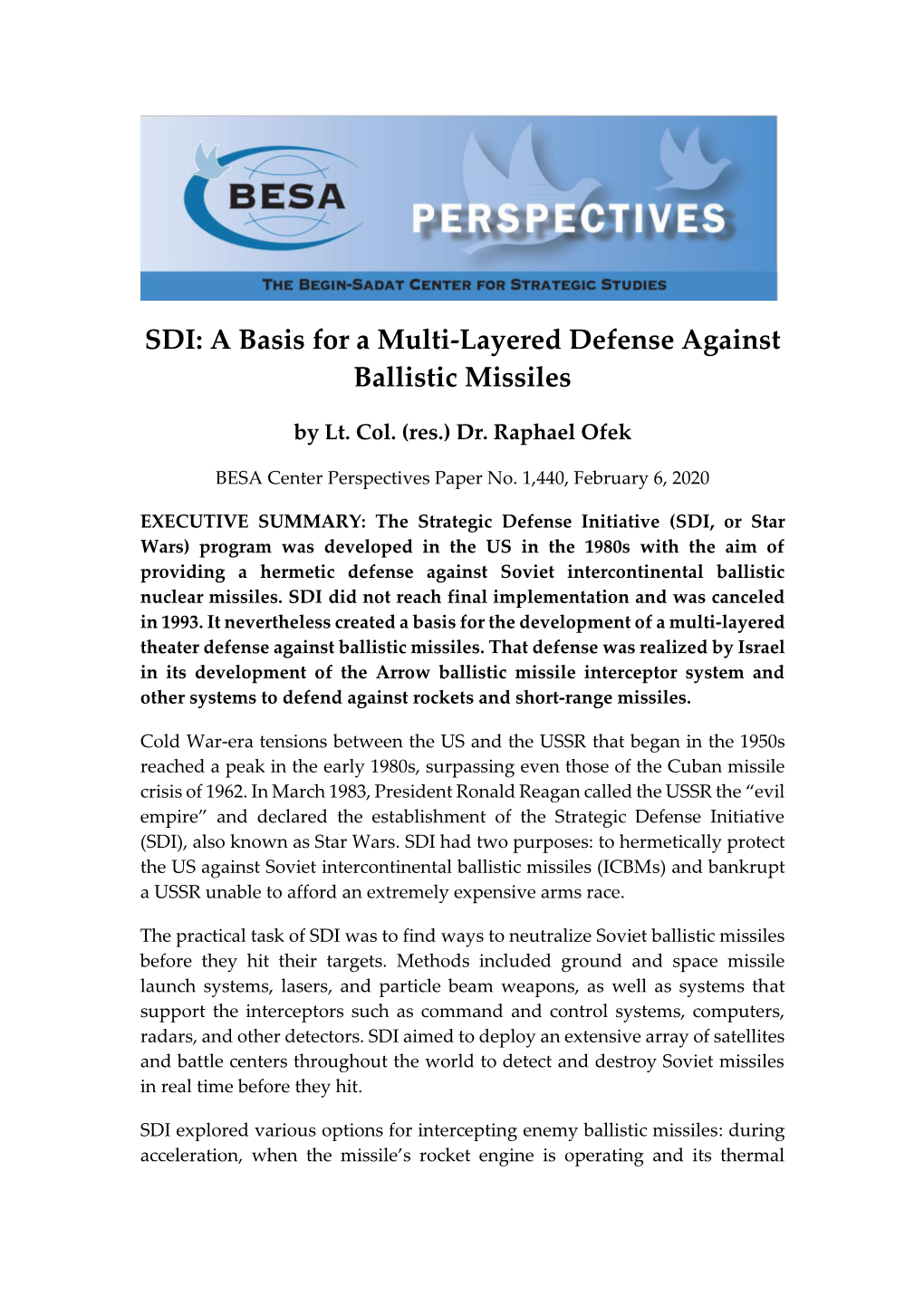 SDI: a Basis for a Multi-Layered Defense Against Ballistic Missiles