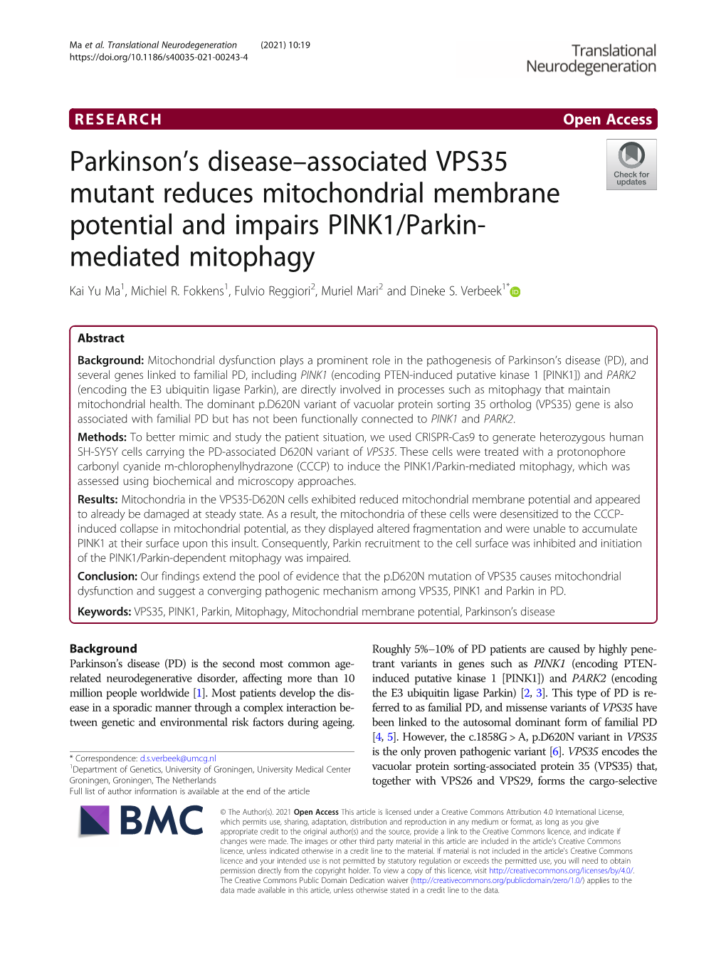 Parkinson's Disease–Associated VPS35 Mutant Reduces