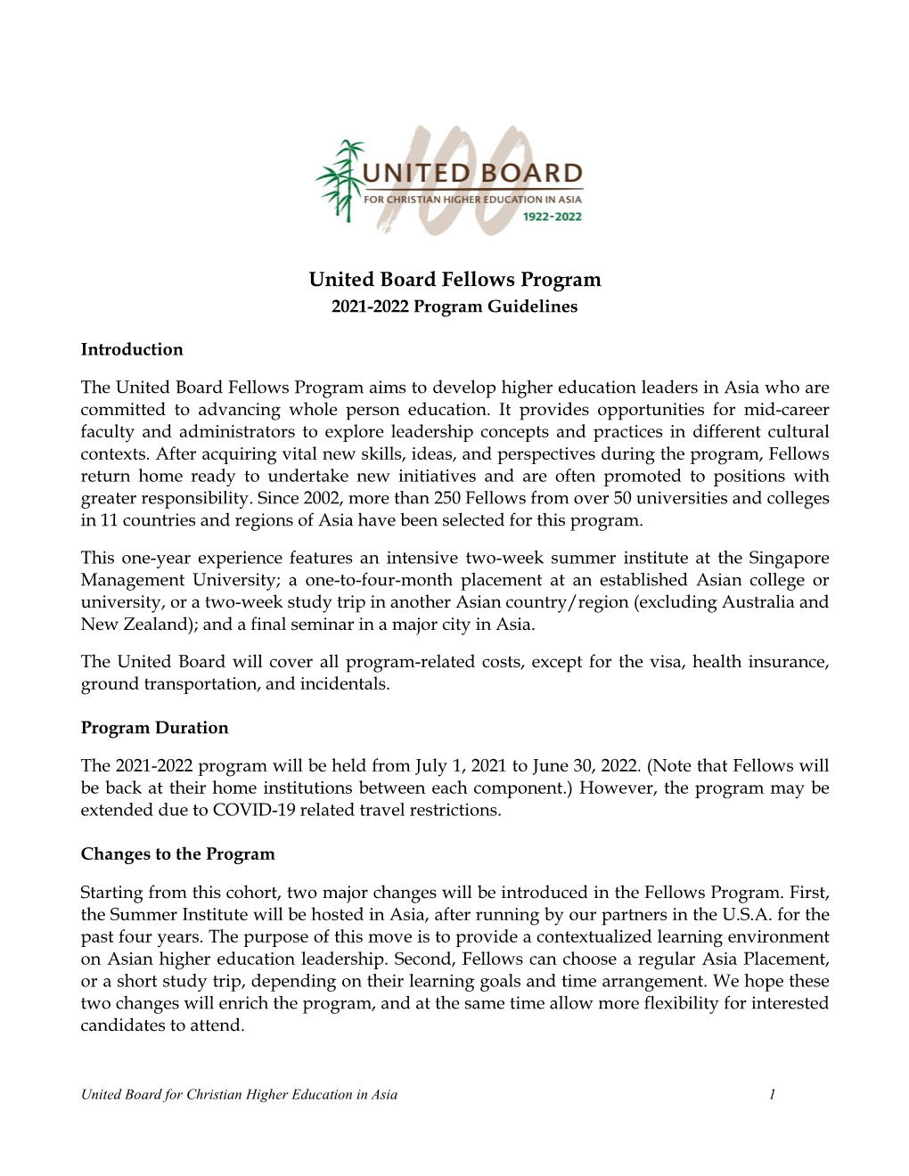The 2021-2022 United Board Fellows Program Guidelines