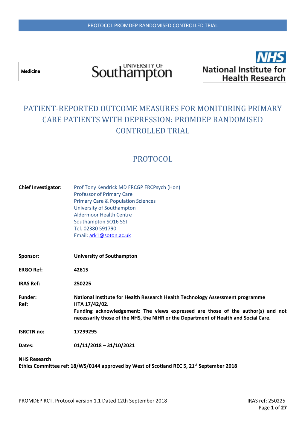 Patient-Reported Outcome Measures for Monitoring Primary Care Patients with Depression: Promdep Randomised Controlled Trial