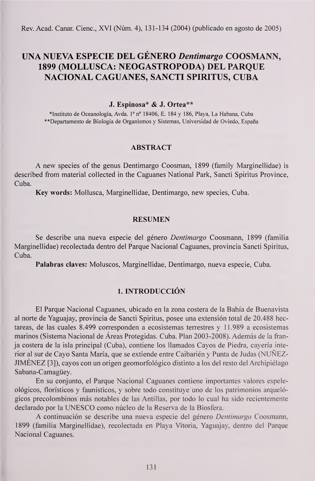 Una Nueva Especie Del Género Dentimargo Coosmann, 1899 (Mollusca: Neogastropoda) Del Parque Nacional Caguanes, Sancti Spiritus