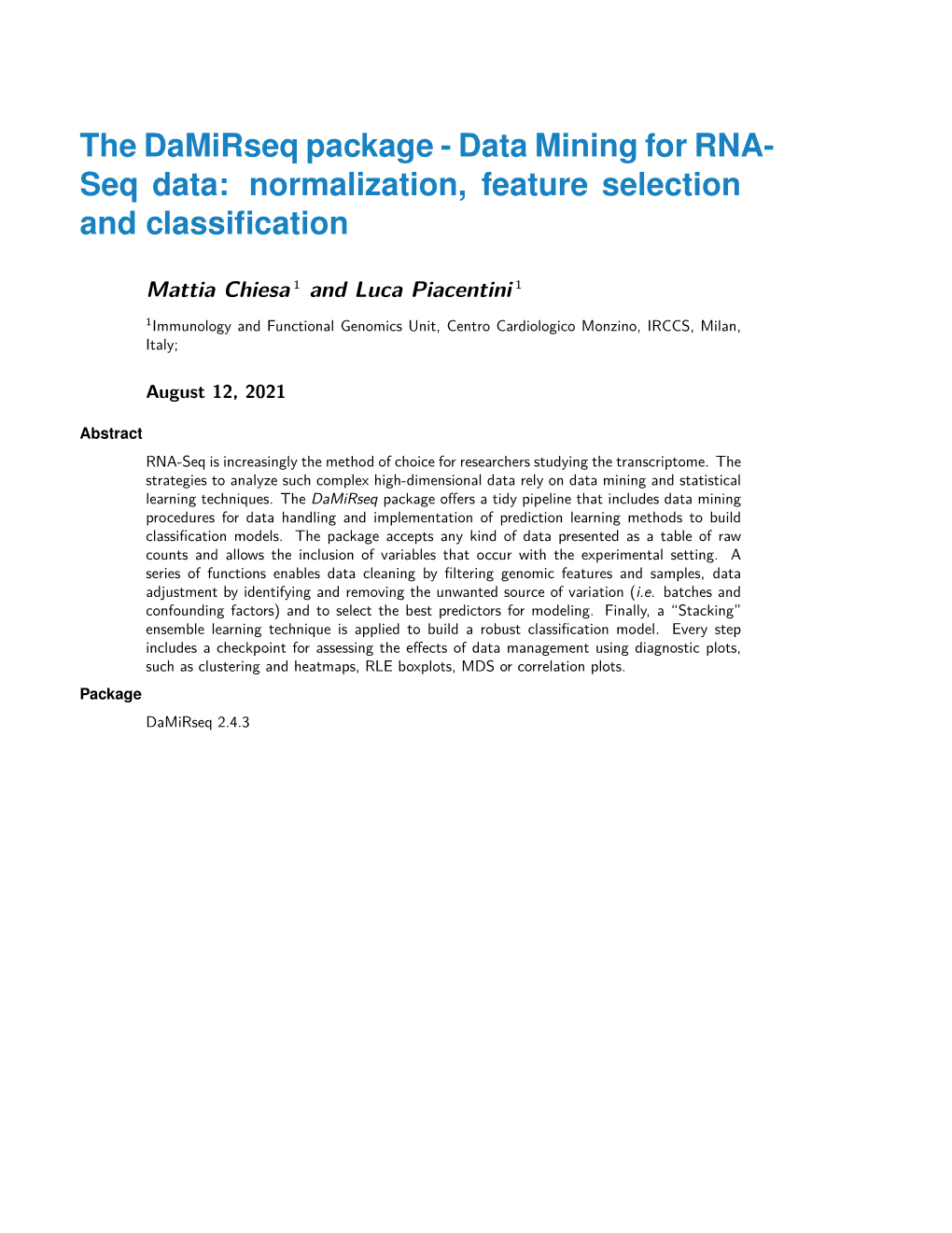 The Damirseq Package - Data Mining for RNA- Seq Data: Normalization, Feature Selection and Classiﬁcation