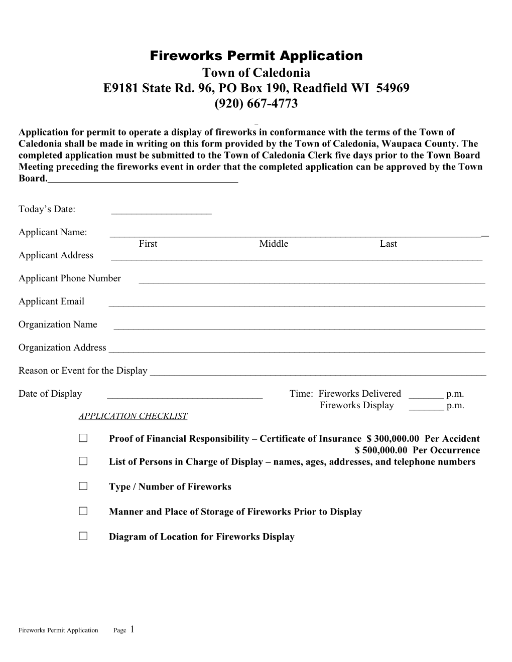 Town of Menasha Permit for Fireworks Display