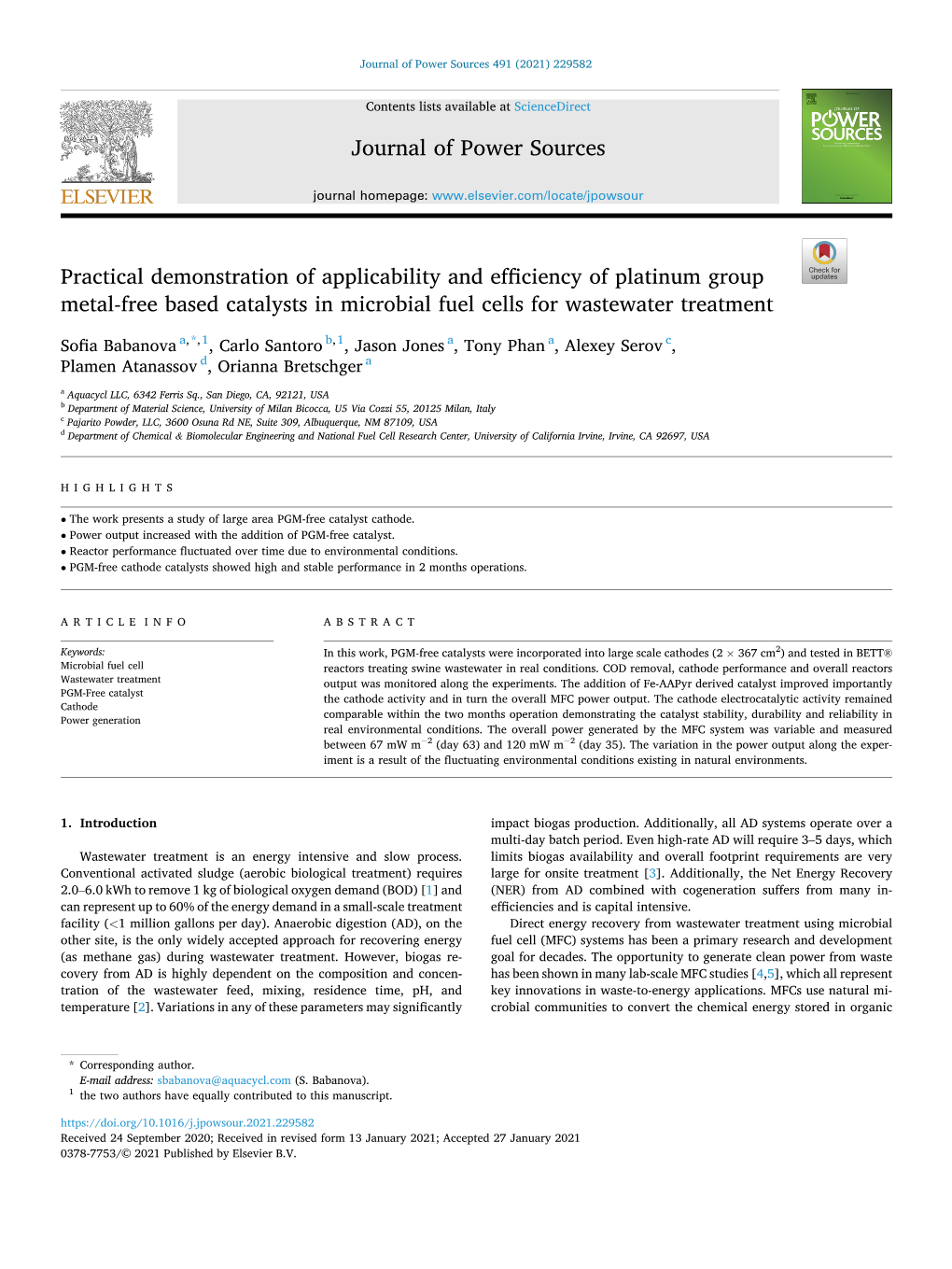 Practical Demonstration of Applicability and Efficiency of Platinum Group Metal-Free Based Catalysts in Microbial Fuel Cells for Wastewater Treatment