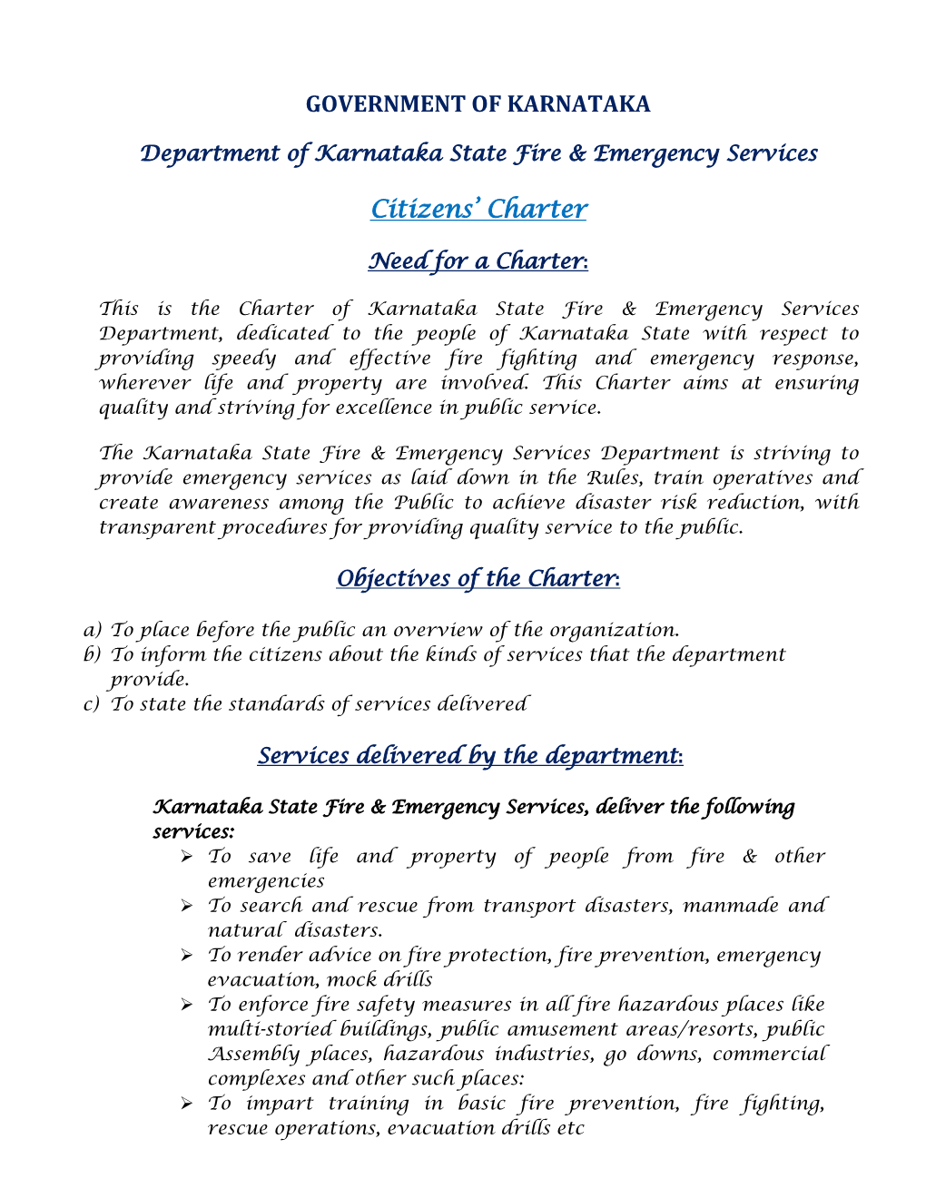 GOVERNMENT of KARNATAKA Citizens' Charter