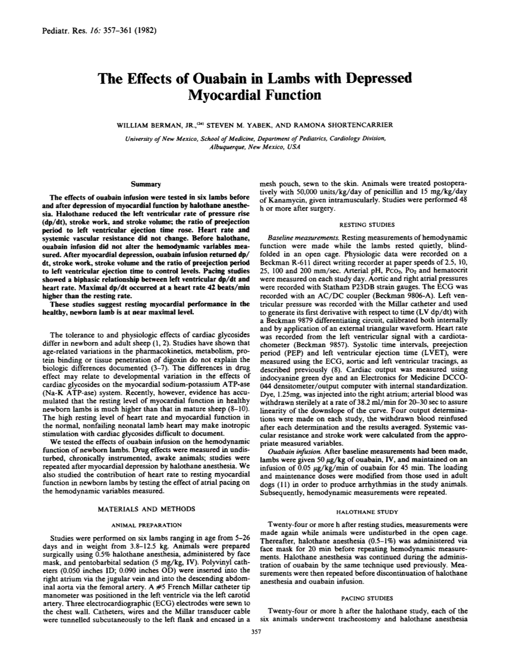 The Effects of Ouabain in Lambs with Depressed Myocardial Function