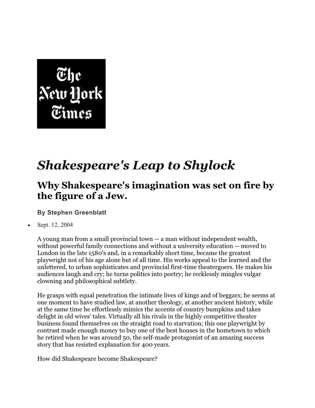 Shakespeare's Leap to Shylock Why Shakespeare's Imagination Was Set on Fire by the Figure of a Jew