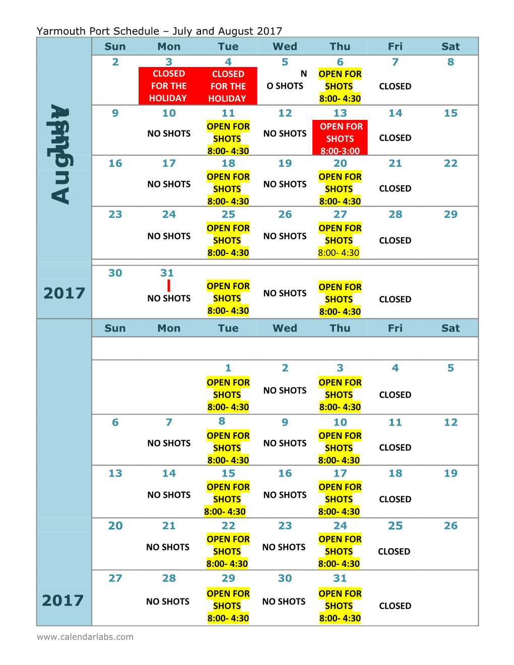 Yarmouth Port Schedule July and August 2017