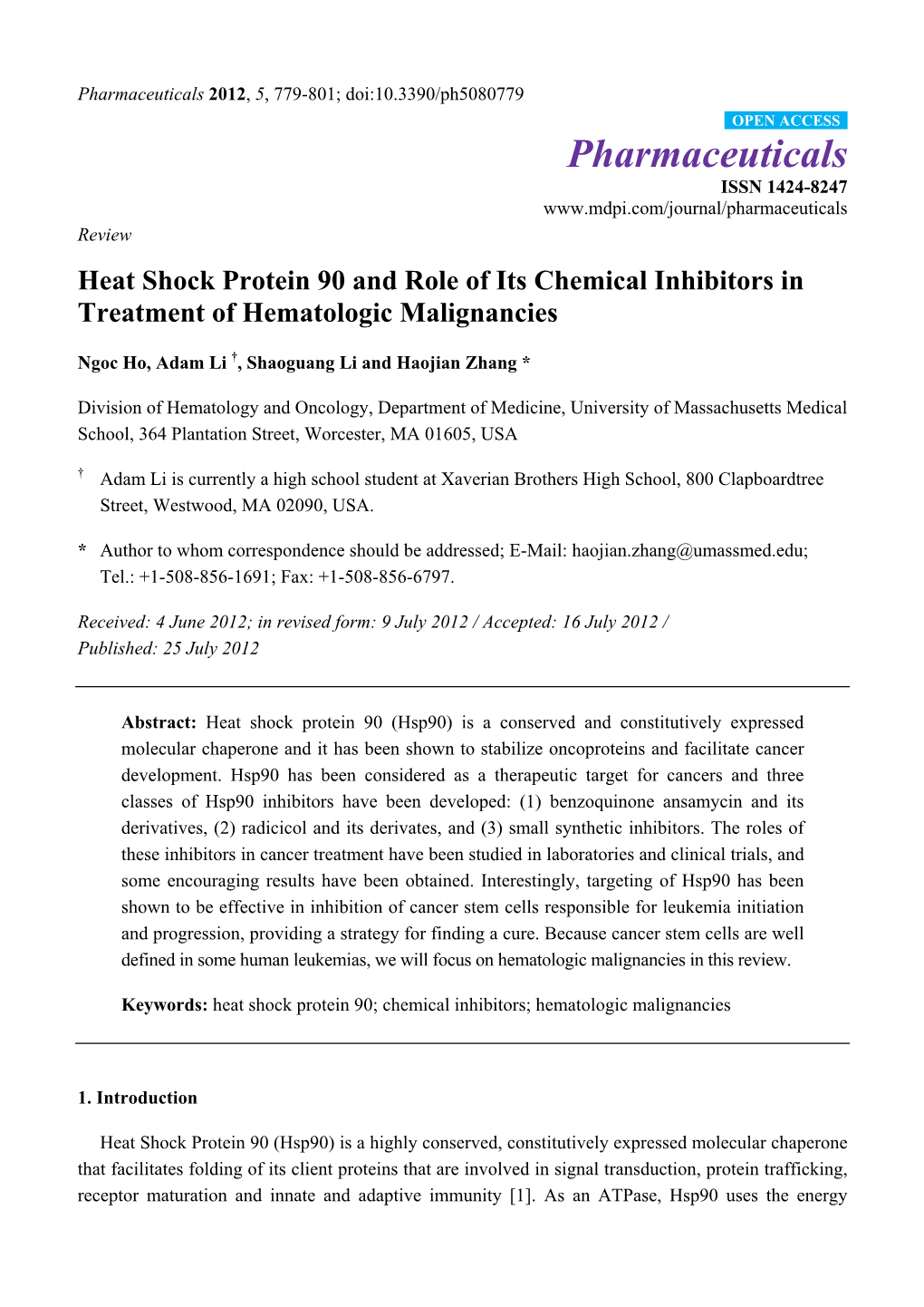 Heat Shock Protein 90 and Role of Its Chemical Inhibitors in Treatment of Hematologic Malignancies