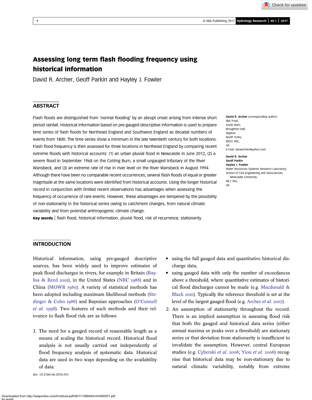 Assessing Long Term Flash Flooding Frequency Using Historical Information