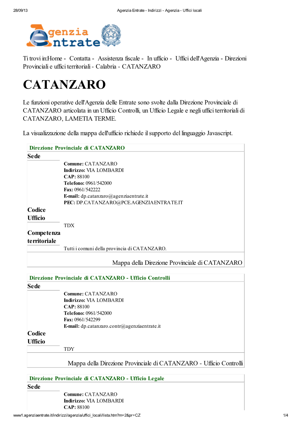 Codici Uffici Agenzia Delle Entrate Della Provincia Di Catanzaro