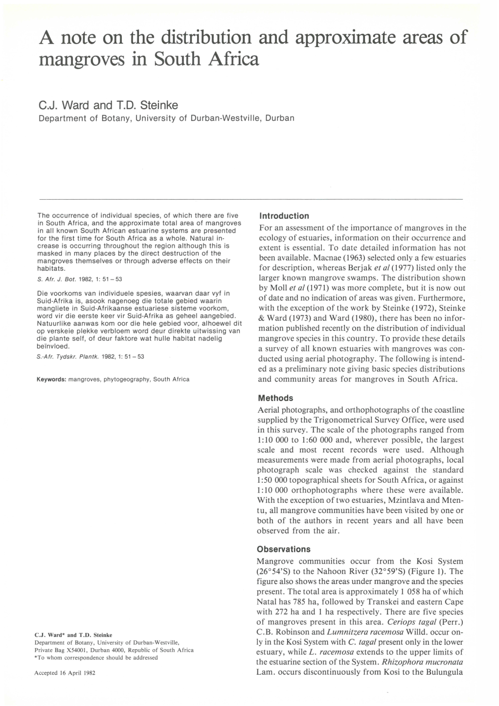 A Note on the Distribution and Approximate Areas of Mangroves in South Africa