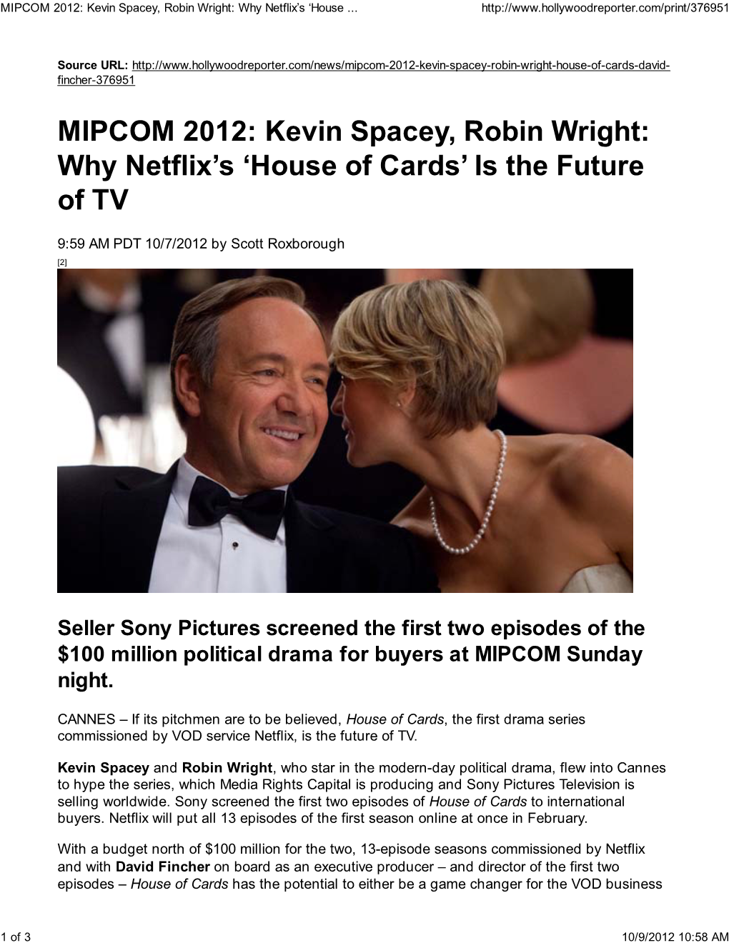 MIPCOM 2012: Kevin Spacey, Robin Wright: Why Netflix's 'House Of