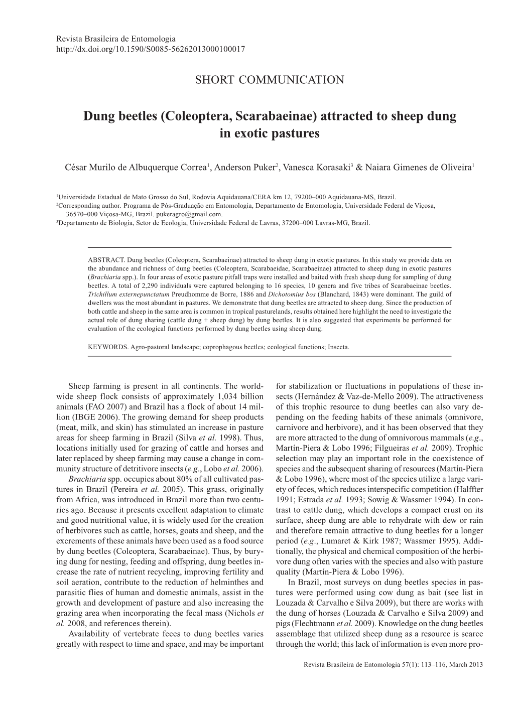 Dung Beetles (Coleoptera, Scarabaeinae) Attracted to Sheep Dung in Exotic Pastures