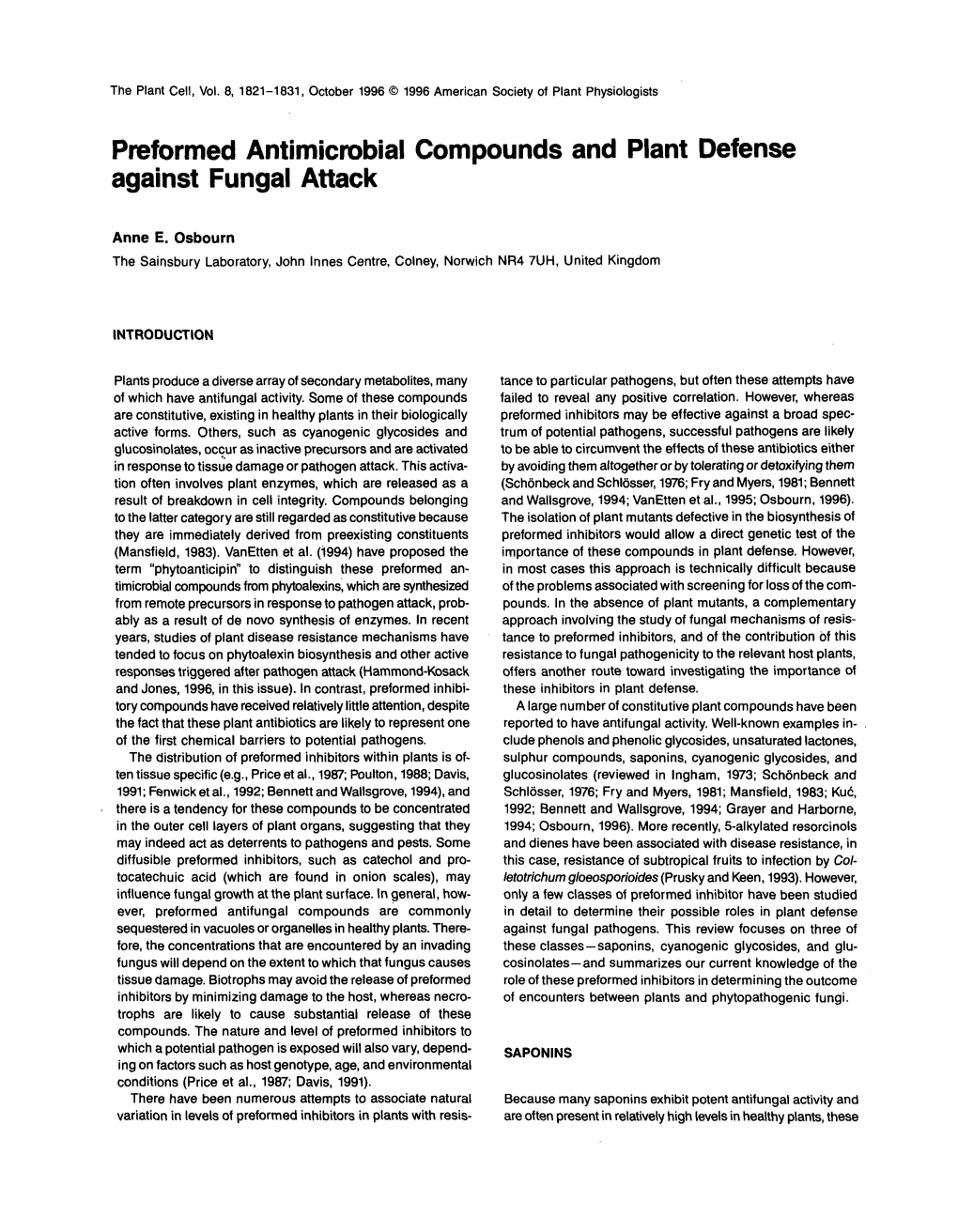 Preformed Antimicrobial Compounds and Plant Defense Against Funga1 Attack