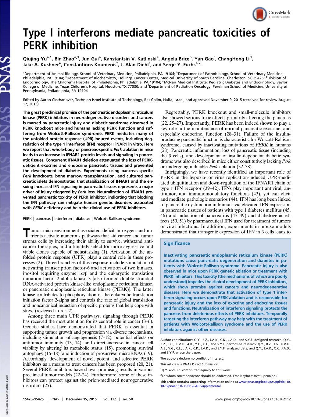 Type I Interferons Mediate Pancreatic Toxicities of PERK Inhibition