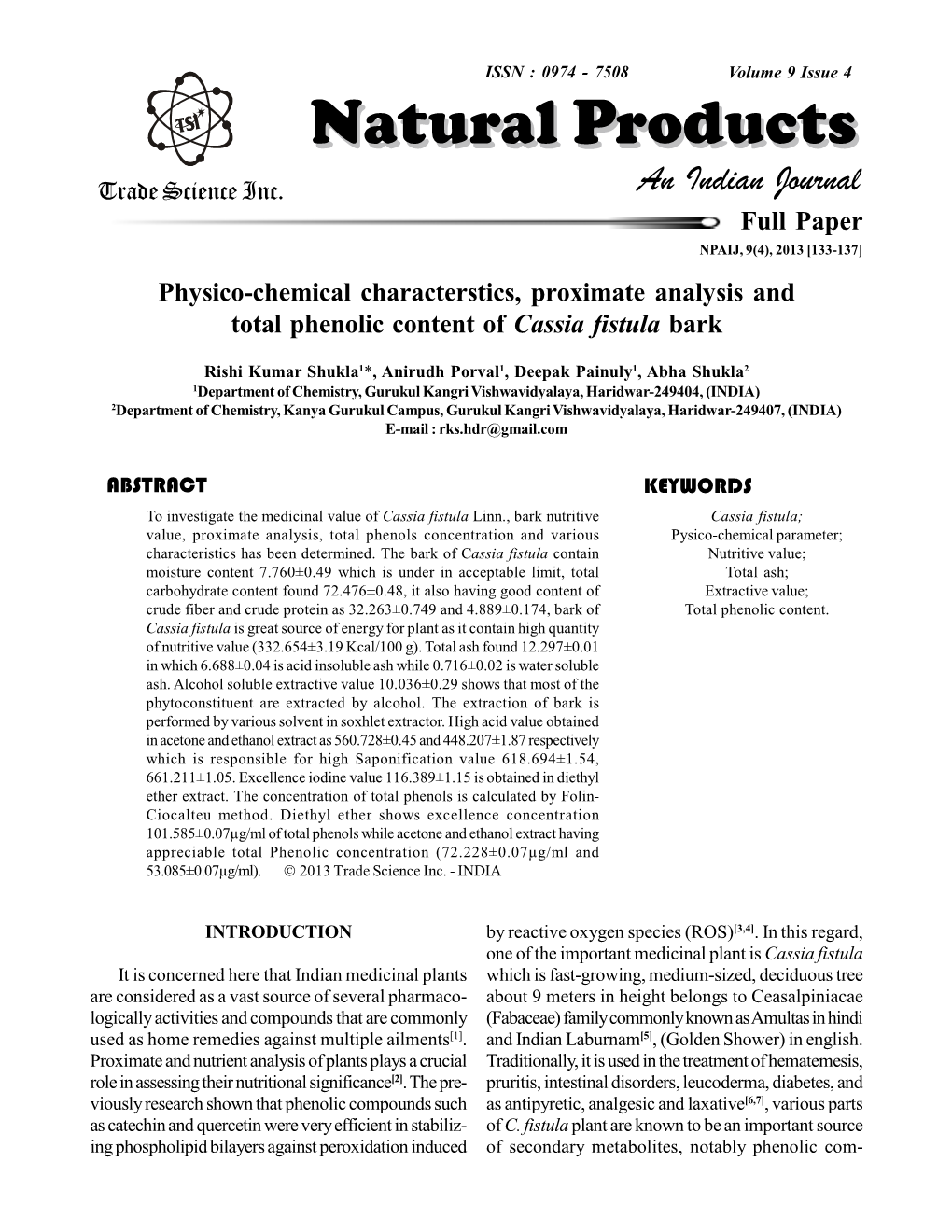 Physico-Chemical Characterstics, Proximate Analysis and Total Phenolic Content of Cassia Fistula Bark