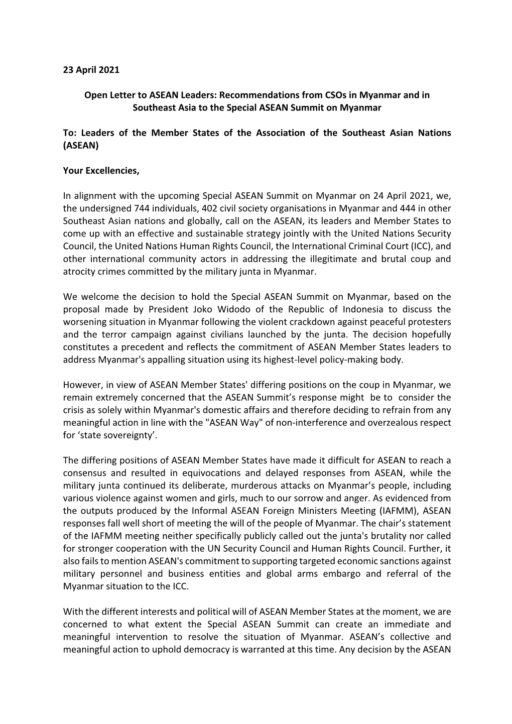 23 April 2021 Open Letter to ASEAN Leaders