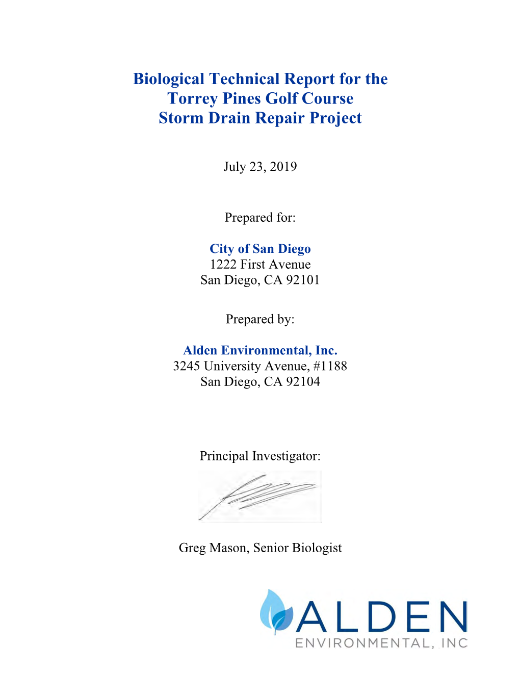 Biological Technical Report for the Torrey Pines Golf Course Storm Drain Repair Project