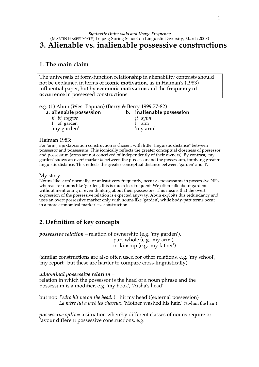 3. Alienable Vs. Inalienable Possessive Constructions