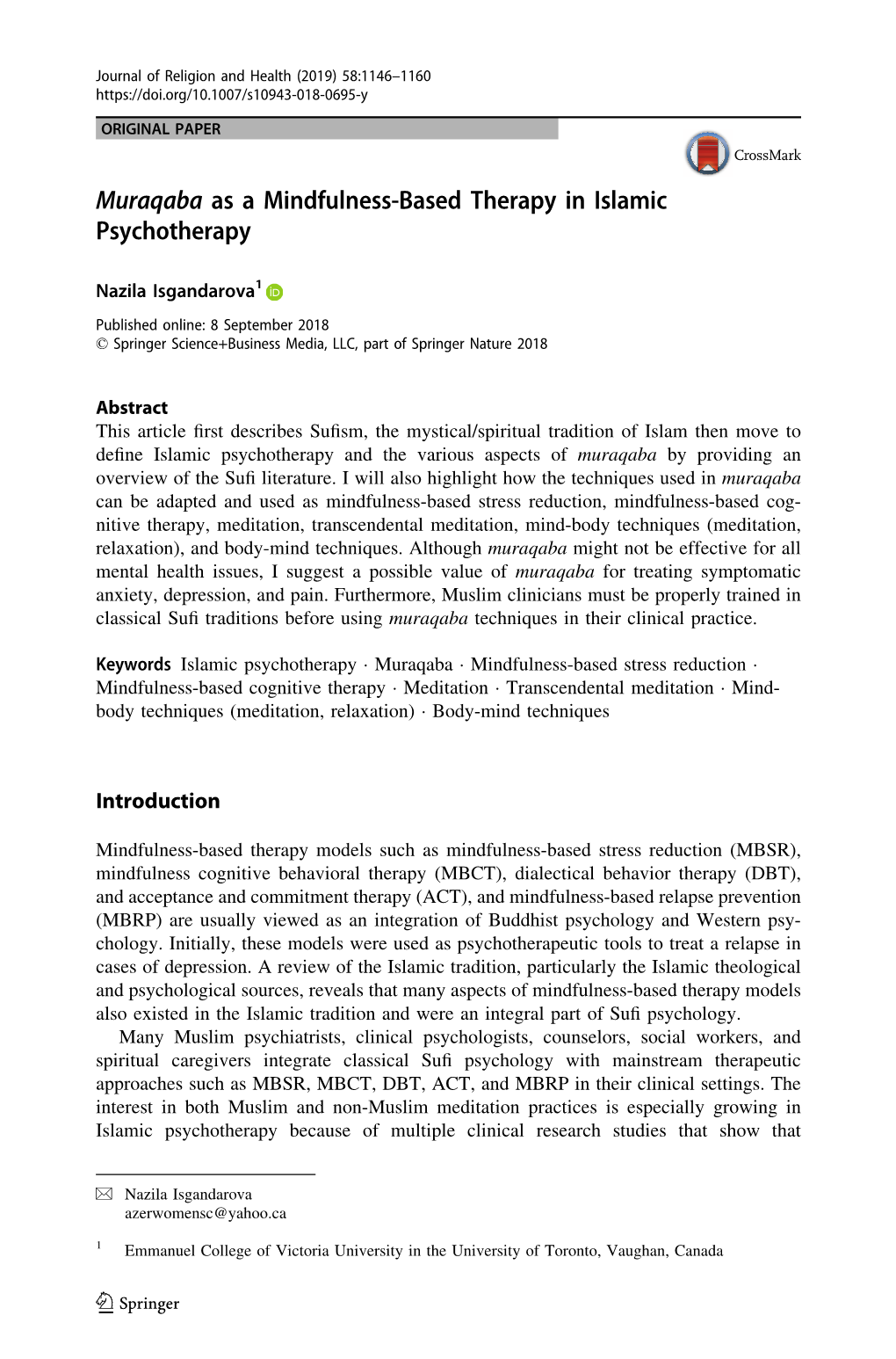 Muraqaba As a Mindfulness-Based Therapy in Islamic Psychotherapy