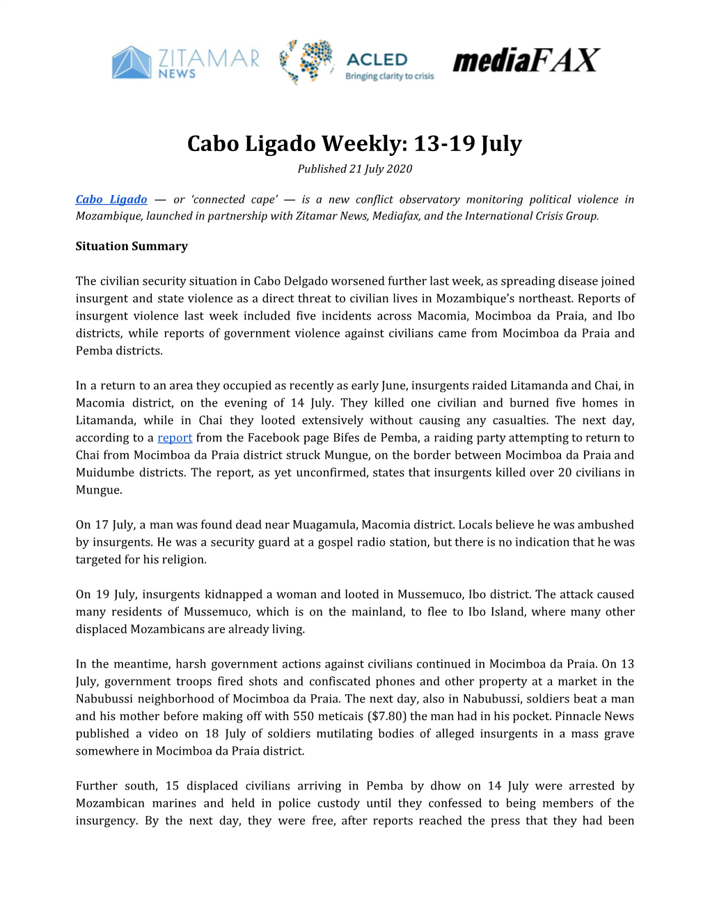 Cabo Ligado Weekly: 13-19 July Published 21 July 2020