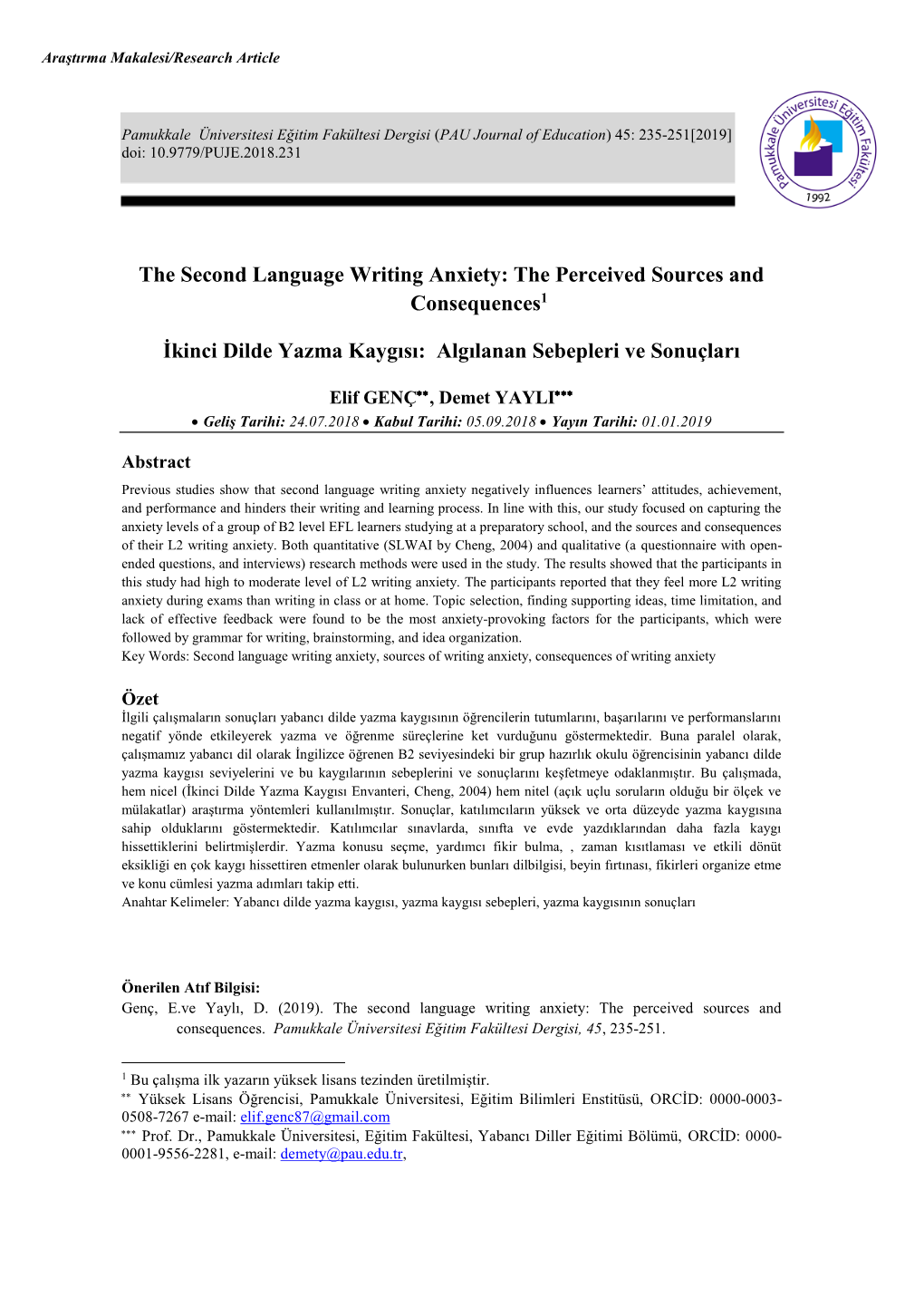 The Second Language Writing Anxiety: the Perceived Sources and Consequences1