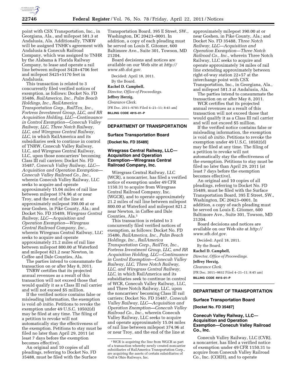 Federal Register/Vol. 76, No. 78/Friday, April 22, 2011/Notices