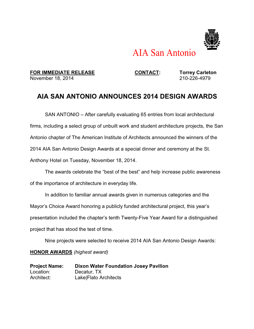 Aia San Antonio Announces 2014 Design Awards