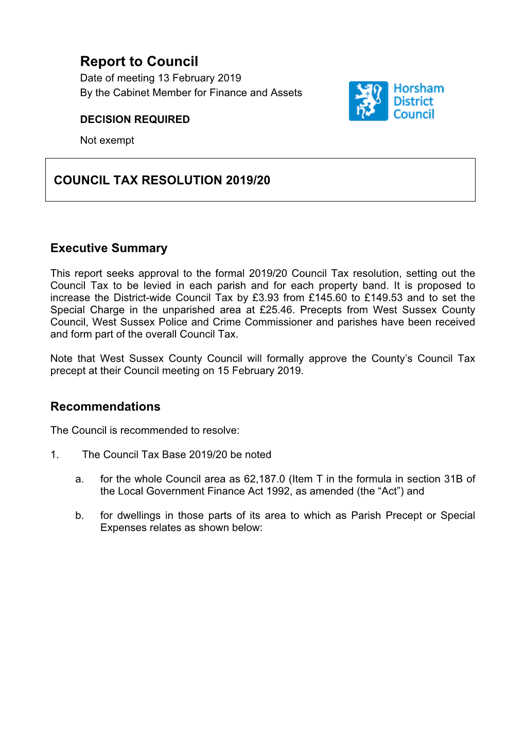 Report to Council Date of Meeting 13 February 2019 by the Cabinet Member for Finance and Assets