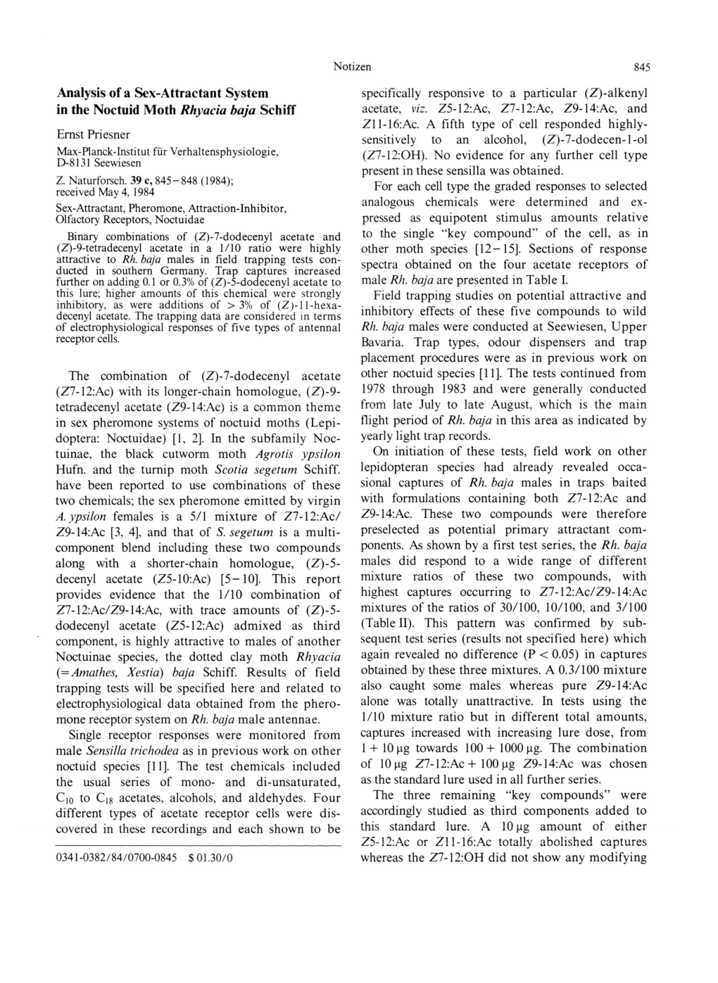 Analysis of a Sex-Attractant System in the Noctuid Moth