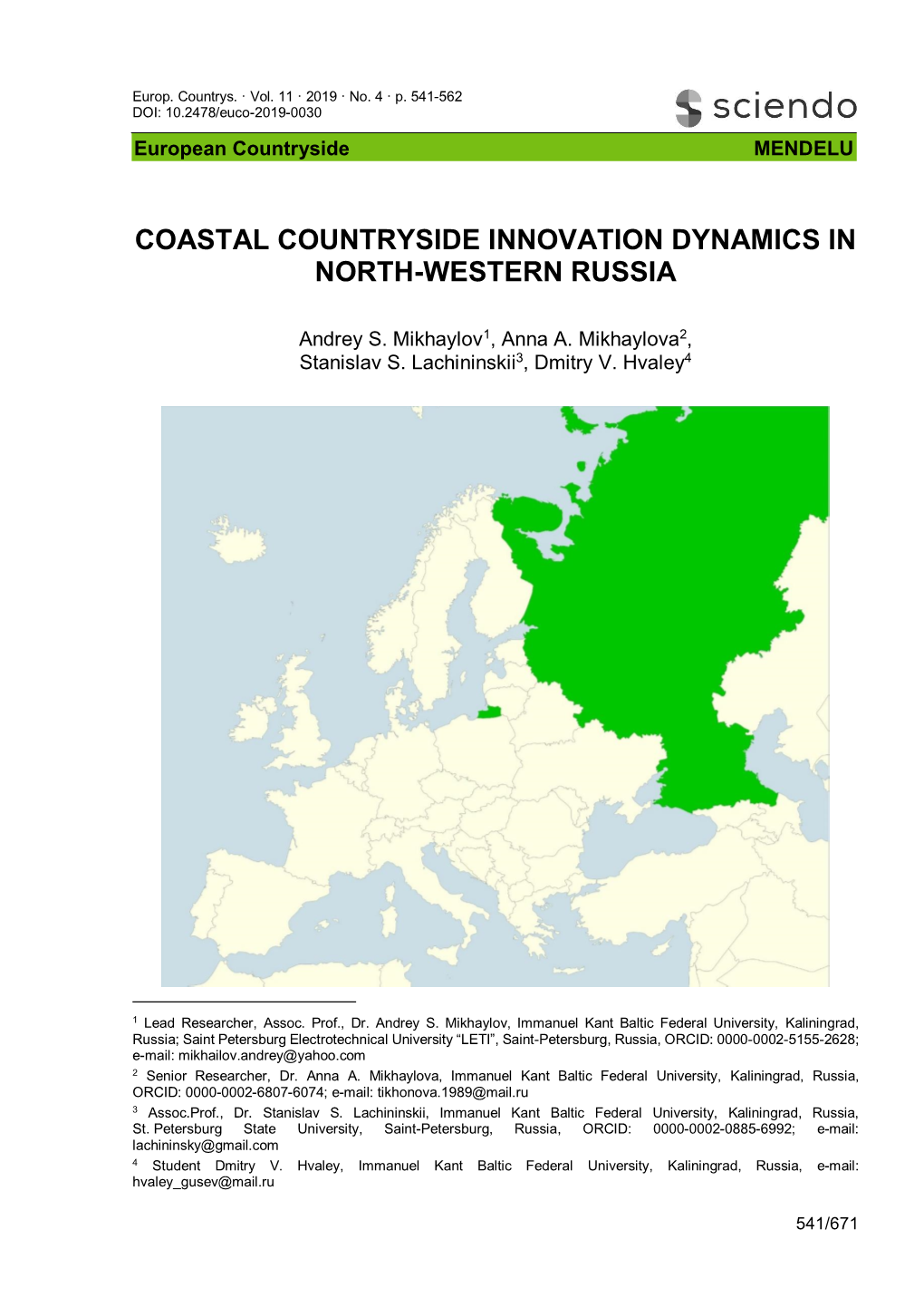 Coastal Countryside Innovation Dynamics in North-Western Russia