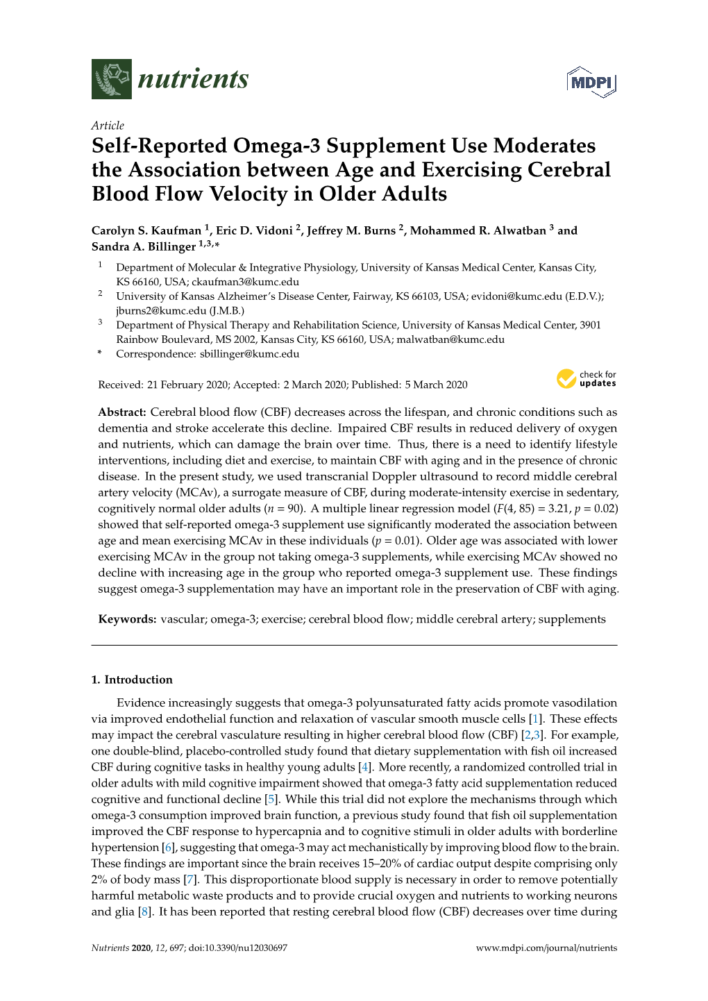 Self-Reported Omega-3 Supplement Use Moderates the Association Between Age and Exercising Cerebral Blood Flow Velocity in Older Adults