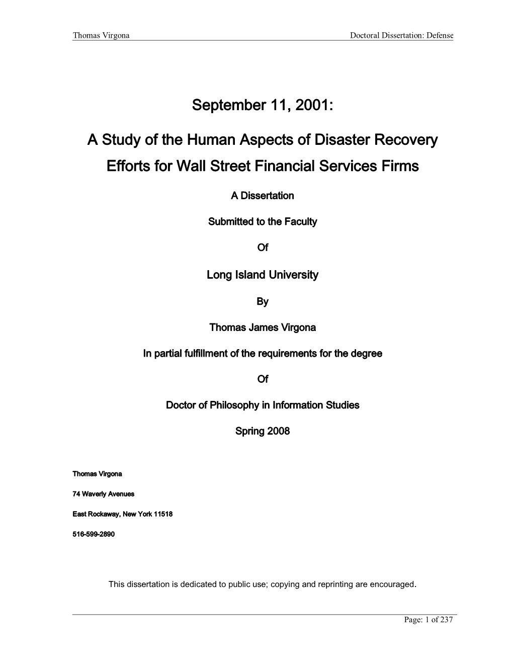 September 11, 2001: a Study of the Human Aspects of Disaster Recovery Efforts for Wall Street Financial Services Firms