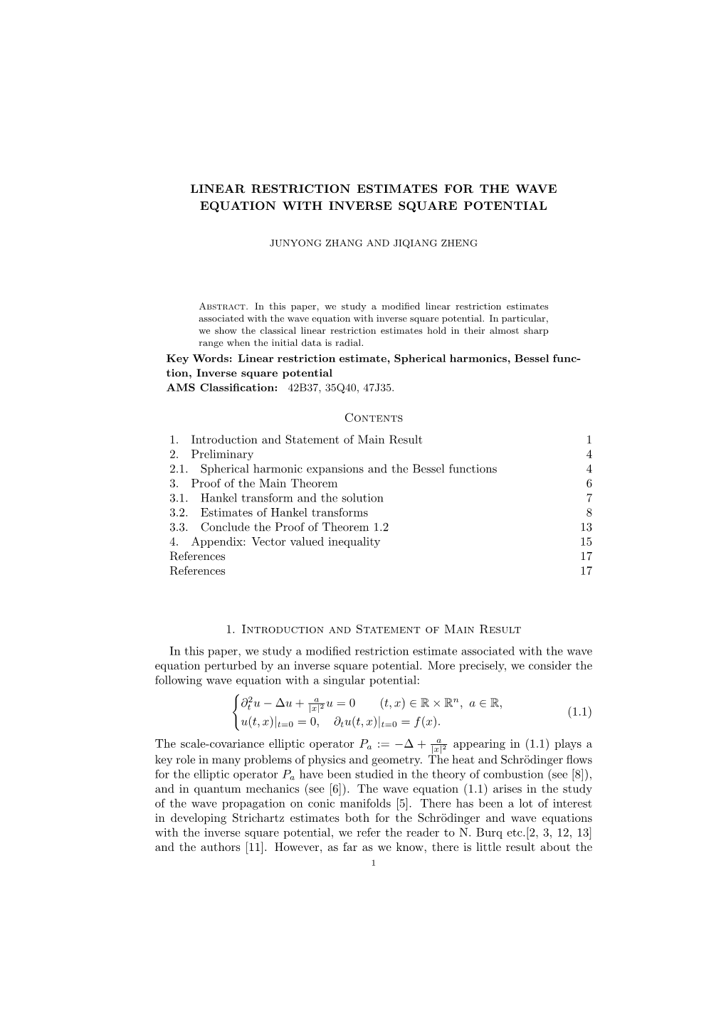 Linear Restriction Estimates for the Wave Equation with Inverse Square Potential