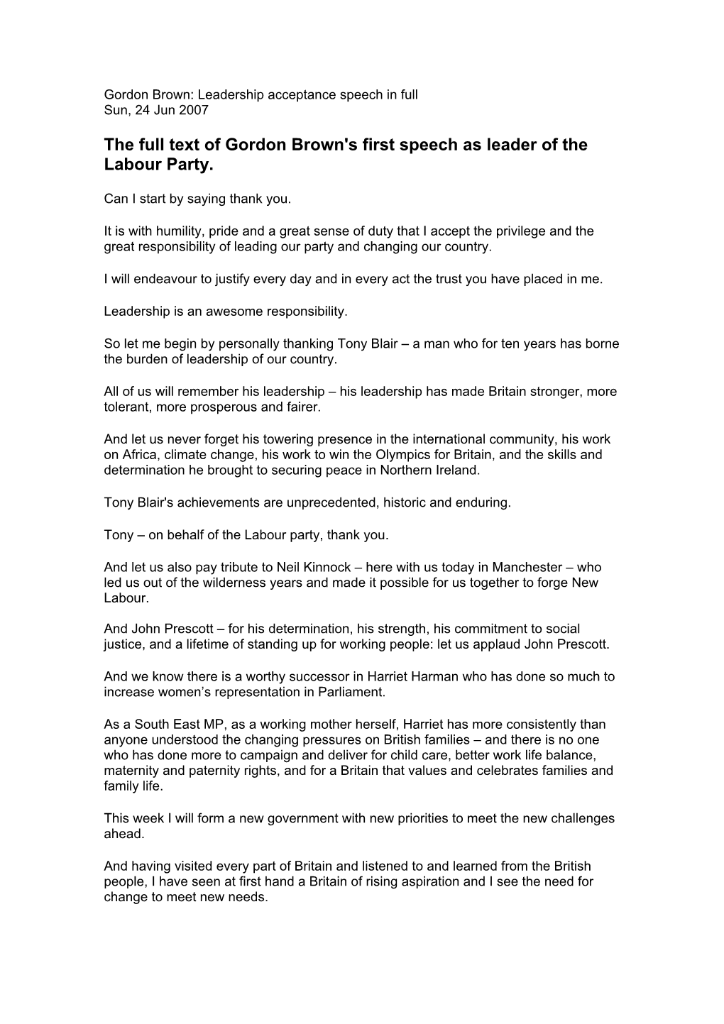 The Full Text of Gordon Brown's First Speech As Leader of the Labour Party