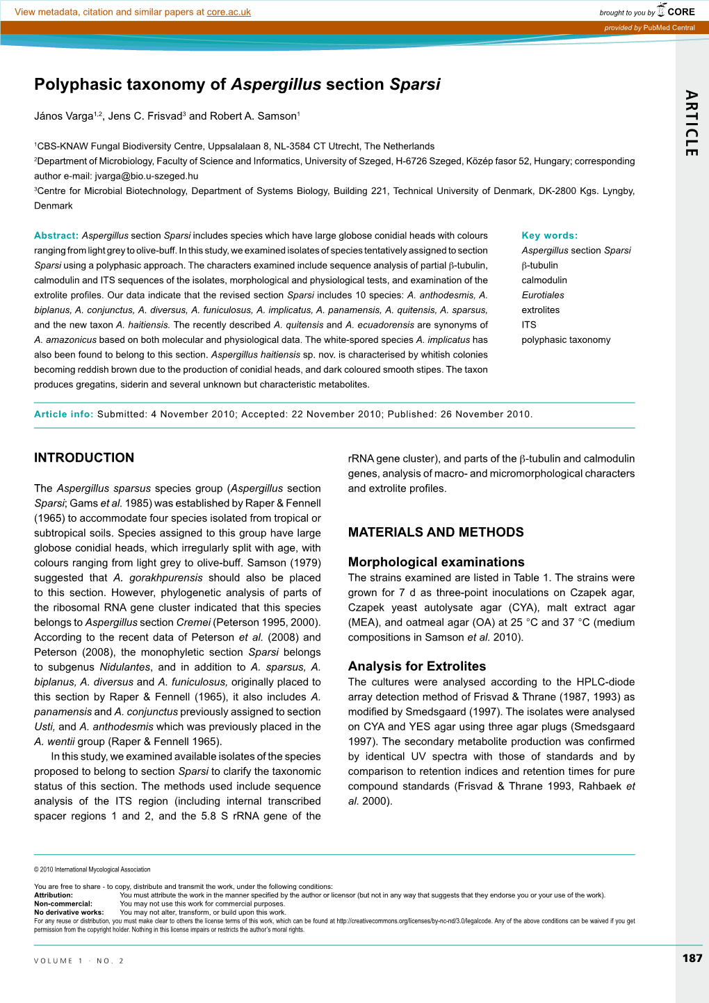 A R T IC L E Polyphasic Taxonomy of Aspergillus Section Sparsi