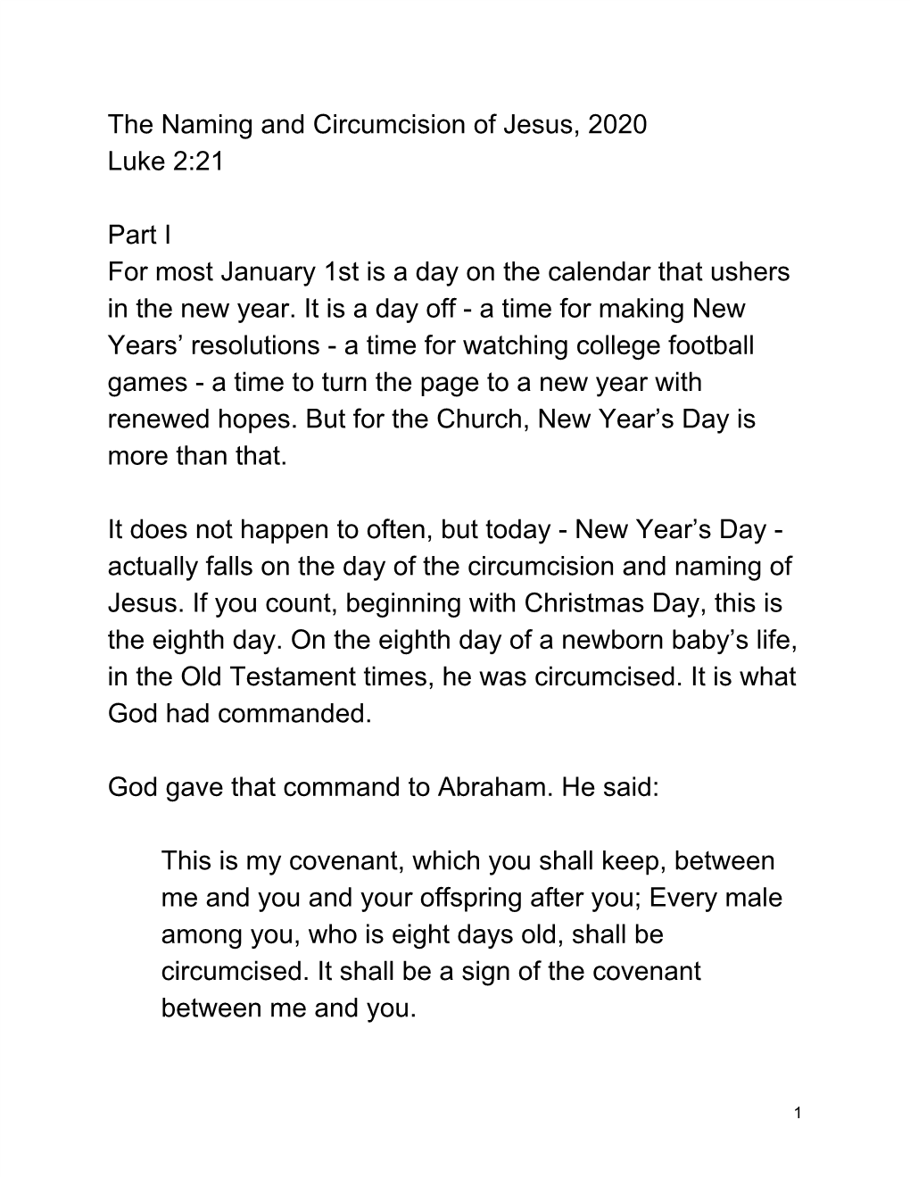 Sermon – the Naming and Circumcision of Jesus, 2020
