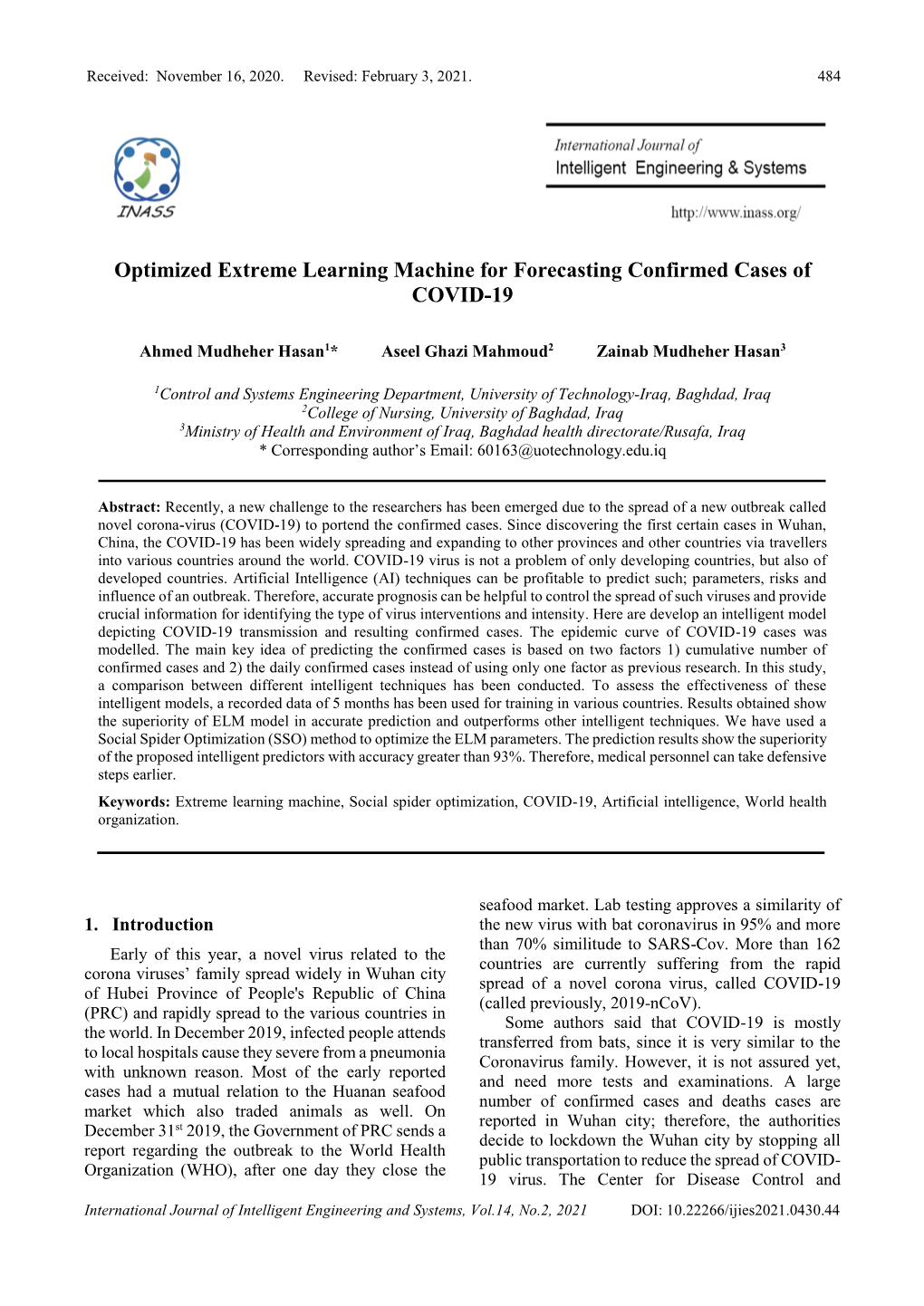 Optimized Extreme Learning Machine for Forecasting Confirmed Cases of COVID-19