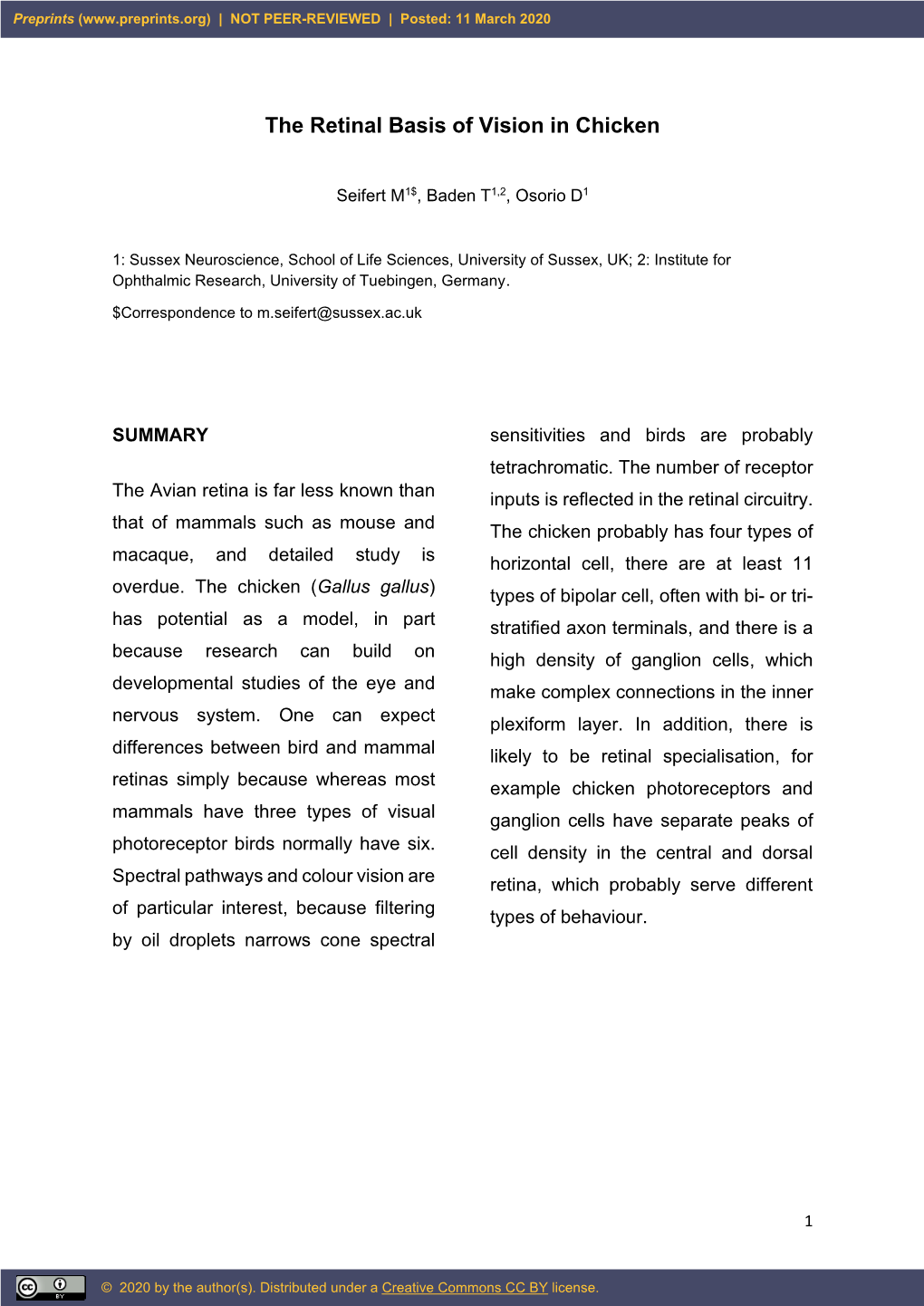 The Retinal Basis of Vision in Chicken